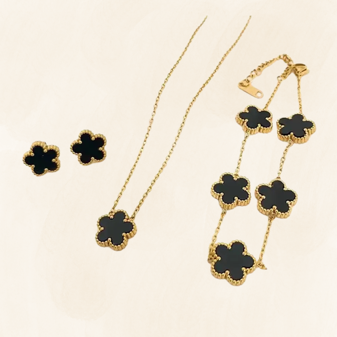Fleur Set – 3-delige klaver sieradenset (Zwart of Wit)