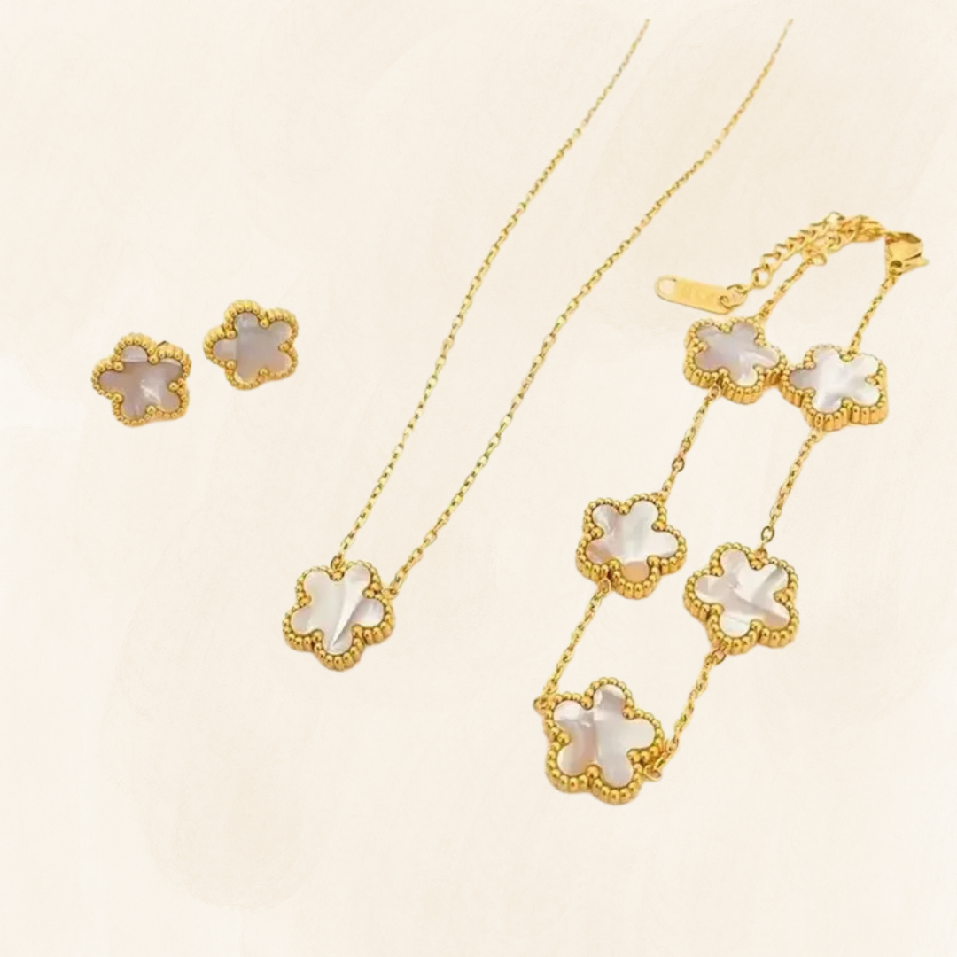 Fleur Set – 3-delige klaver sieradenset (Zwart of Wit)